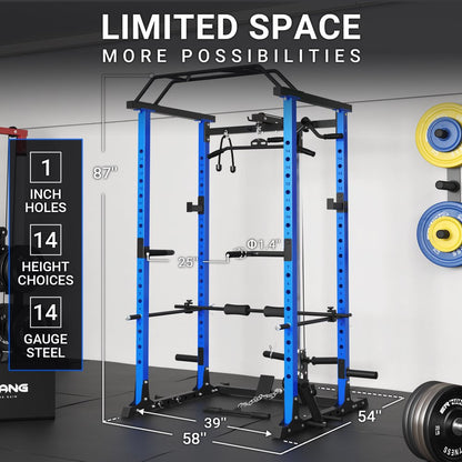 Power Rack Cage, Squat Rack with LAT Pulldown System, 1200LB Capacity Weight Cage Home Gym with 360° Landmine, Dip Bars, Band Peg, Gym Equipment (Red)